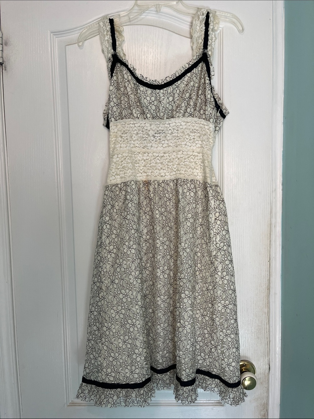 Vintage Betsey Johnson Cream Lace Midi Dress with Black Trim